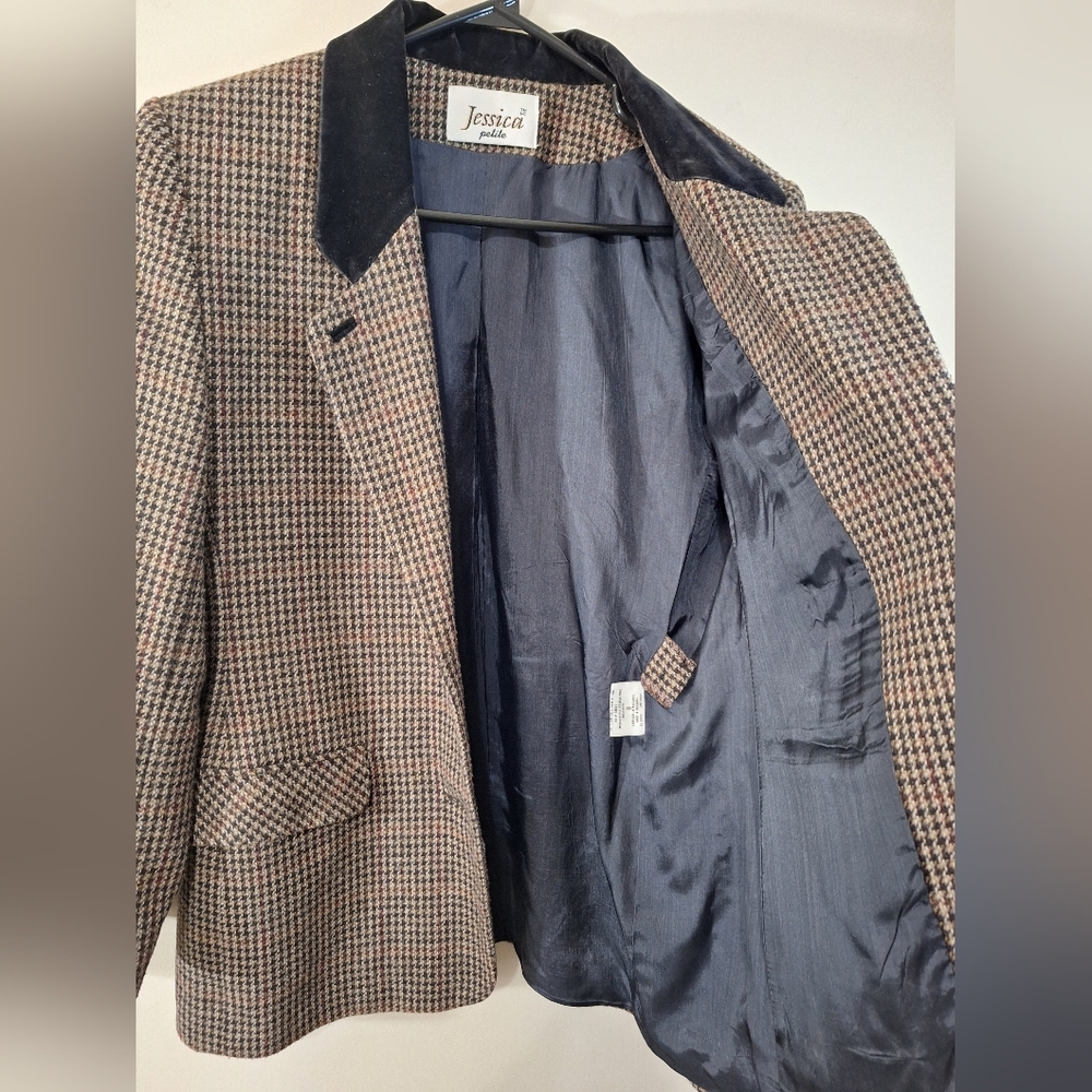 Vintage 90s Jessica Petite Tweed Houndstooth Velvet Collar Wool Blend Blazer 8 - Picture 6 of 12